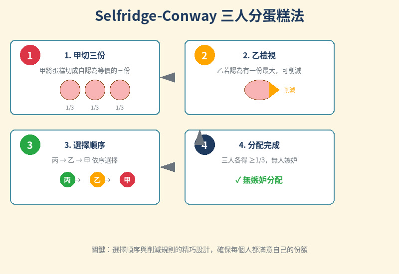 Selfridge-Conway 三人分蛋糕法流程圖